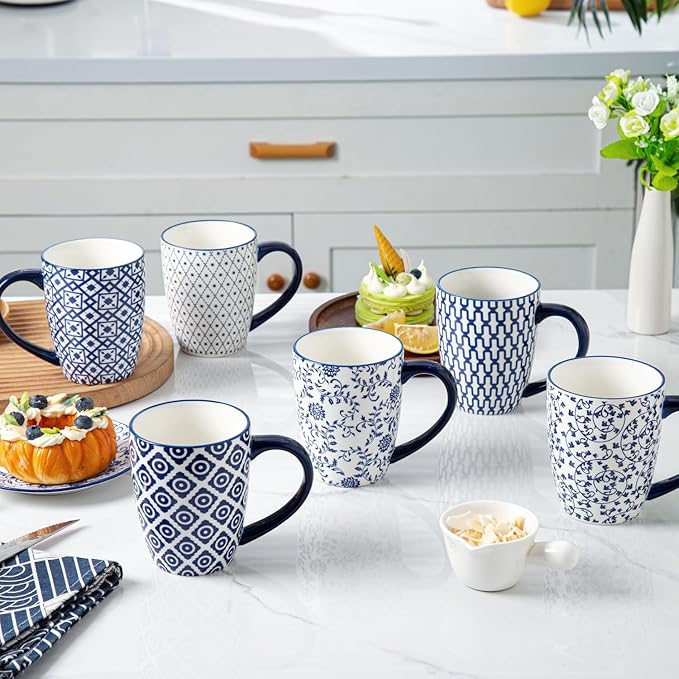 Ceramic Coffee Mugs Set - 16 Oz Large Porcelain Tea Cups with Handle for Women Men Cocoa Cappuccino Latte - Christmas Housewarming Gift - Dishwasher Safe - Set of 6 - Vintage Blue