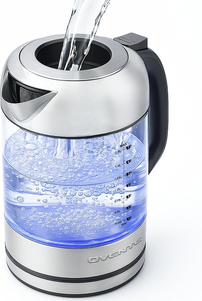 OVENTE Electric Kettle, 1500W No Plastic 1.8L Tea Kettle and Hot Water Boiler For Coffee or Tea, Easy to Fill Lid, Automatic Shut-Off, Borosilicate Glass with Stainless Steel Spout, Silver KG71S