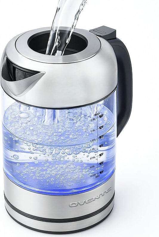 OVENTE Electric Kettle, 1500W No Plastic 1.8L Tea Kettle and Hot Water Boiler For Coffee or Tea, Easy to Fill Lid, Automatic Shut-Off, Borosilicate Glass with Stainless Steel Spout, Silver KG71S