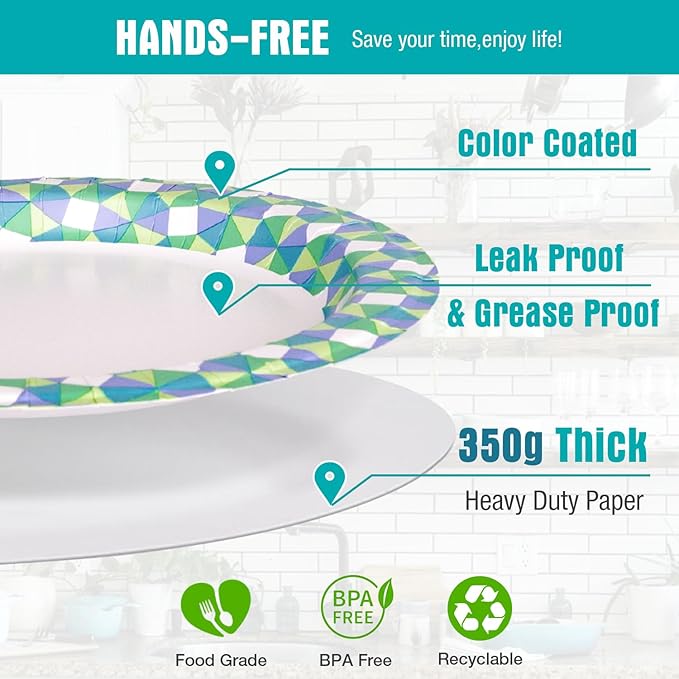 Charmount Paper Plates Bulk, 10 Inch Large Paper Plates, 100pcs Disposable Paper Plates, Blue Paper Plates for Parties and Daily Use, Soak Proof, Cut Proof, Green Printed