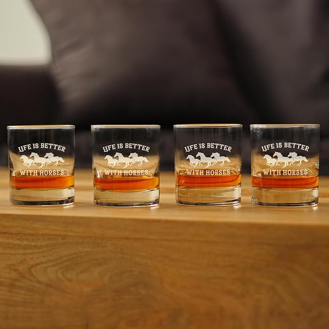 Life Is Better With Horses - Whiskey Rocks Glass Gifts - Funny Horse Gifts and Decor for Men & Women - Set of 4-10.25 Oz Glasses