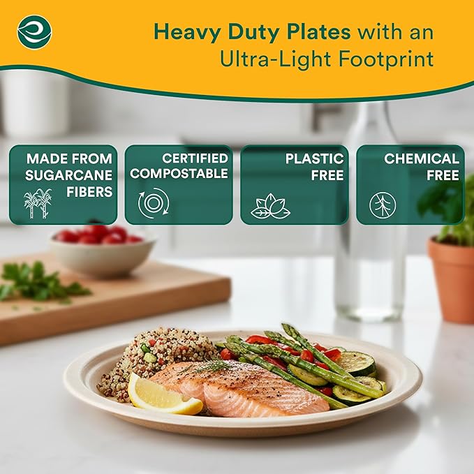 ECO SOUL Compostable 9 Inch(200-Pack) Biodegradable Heavy-Duty Disposable Eco-Friendly Paper Plates for Dinner & Parties, Wedding, Event