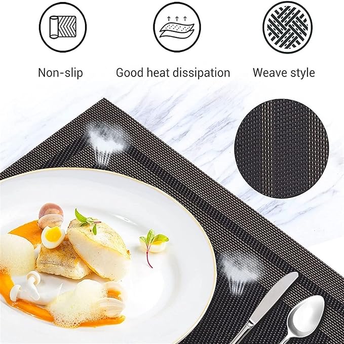 Woven PVC Placemats for Dining Table Set of 1/4/6 Heat Stain Slip Washable Kitchen Table Mats Classic(Hui Silver White,6 pcs 45x30cm)