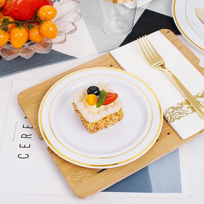 350 Pieces White and Gold Plastic Plates - 50 Guest Dinnerware Set Include 100 Plates, 50 Gold Plastic Silverware, 50 Paper Napkins and 50 Cups for Party Wedding Valentine's Day