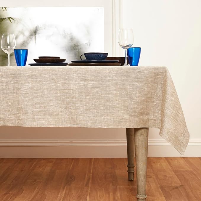 Solino Home Linen Tablecloth 60 x 108 Inch - 100% Pure Linen Champagne Beige Table Cloth for Rectangular Tables - Athena, Machine Washable Cloth Tablecloth for Fall, Thanksgiving, Christmas, Holiday