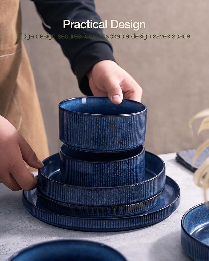 Famiware Star Dinnerware Set with Pasta Bowls, Service for 4 (16pcs), Ribbed Stoneware Plates and Double Bowls Dishes Sets - Chip & Scratch Resistant, Microwave & Dishwasher Safe, Nebulas Blue
