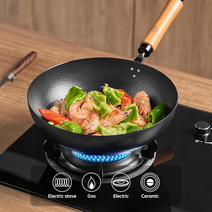 WANGYUANJI 11-Inch Carbon Steel Frying Pan with Beech Wooden Handle & Glass Lid - Physical Non-Stick, Non-Coating Skillet for Induction, Sautéing, Frying, Stir-Frying