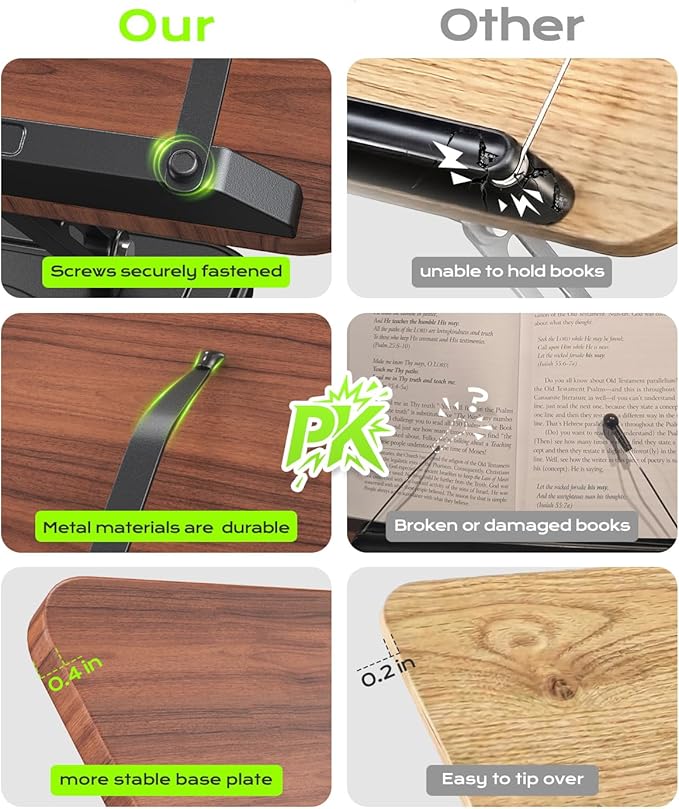 Book Stand for Reading, Adjustable Book Holder with 360°Rotating Bases, Ergonomic Cookbook Stand Recipe Book Holder with Elastic Page Clips for Magazines, Tablets, Laptops