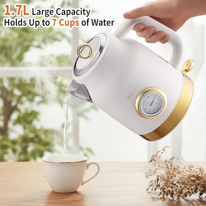Retro Electric Kettle, 1.7L 304 Stainless Steel Tea Kettle with Temperature Gauge, 1500W Fast Boiling Water Boiler,Auto Shut-Off & Boil-Dry Protection, BPA-Free, Matte White and Gold