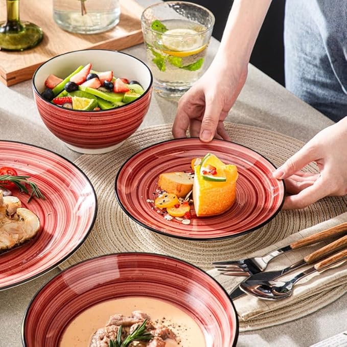 24/48-Piece Handpainted Spirals Stoneware Dinner Combi-Set with Bowl Dessert Plate Soup Plate Dinner Plate(48pcs)