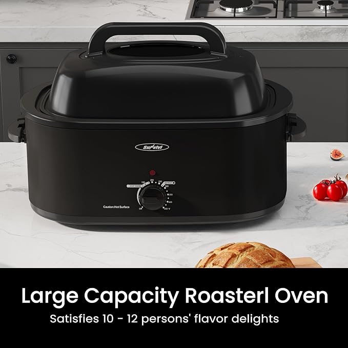 22-Quart Electric Roaster Oven with Removable Pan and Self-Basting Lid, Perfect for Turkey Roasting with Temperature Control from 150 to 450°F and Cool-Touch Handles，Black