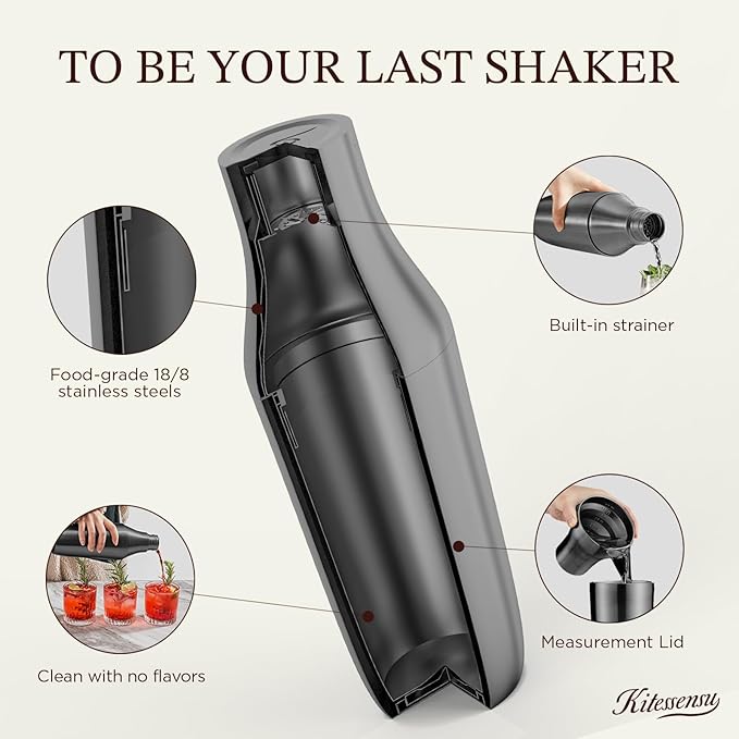Kitessensu Hybrid Cocktail Shaker | Vacuum Insulated Stainless Steel Martini Shaker with Double Wall Martini Cup | Integrated Measuring System | Tumbler Lid & Cocktail Recipes Included | Matte Black