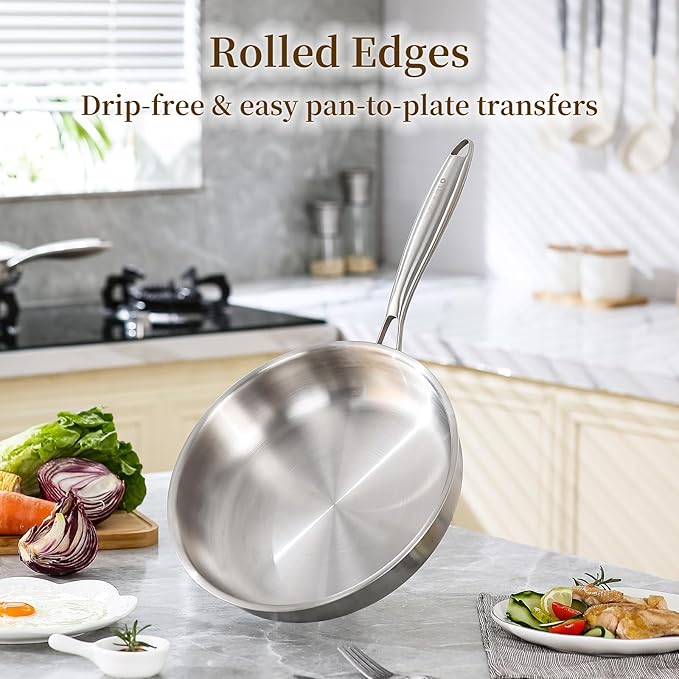 DELARLO Tri-ply Stainless Steel Frying Pan Set with Lid 8" 10" 12" Induction large Skillets Chef's Pan,Pots and Pans Set Kitchen Cookware Set Suitable for All Stove