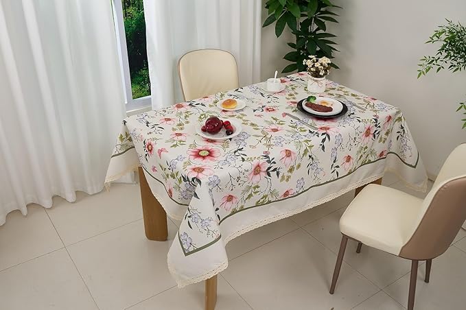 Vintage Linen Floral Rectangle Tablecloth, French Rustic Table Cloth with Flowers and Leaves Pattern, Waterproof Decor Table Cover for Dining Kitchen Party Christmas, 55''x 70''