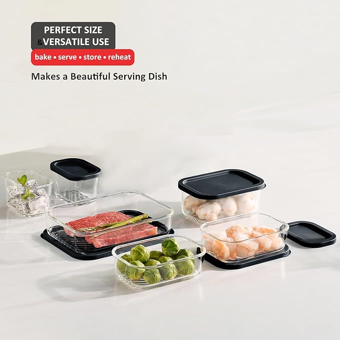 EATEX 12 Pack Glass Meal Prep Containers with Grooved Base, 12 Stackable BPA Free Glass Storage Containers with Lids for Lunch, Pantry, and Kitchen - Microwave, Dishwasher Freezer & Oven Safe - Black
