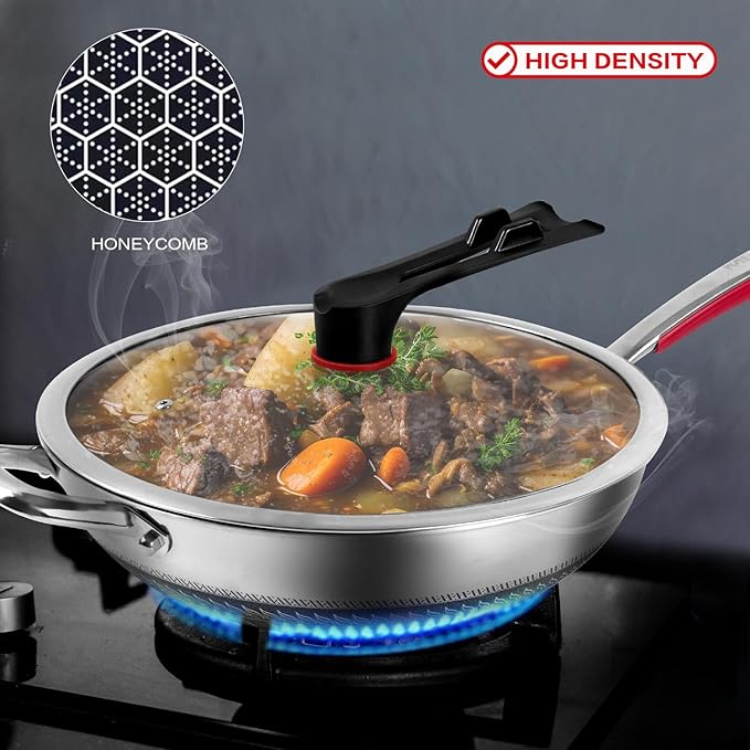 MEGOO 12 inch Stainless Steel nonstick wok with lid | Honeycomb wok & stir-fry pan | induction wok Compatible with All Cooktops | Dishwasher Safe | PFOA/PFA-Free