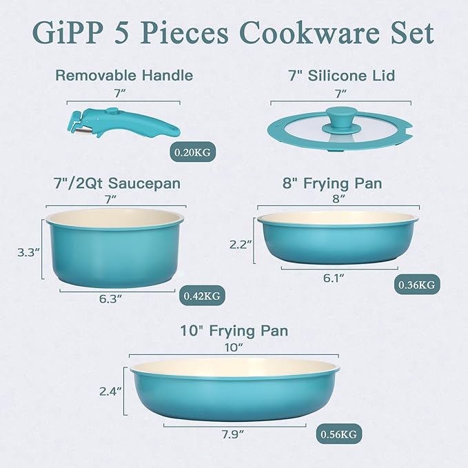 GIPP 5pcs Pots and Pans Set Non Stick, Nonstick Cookware Set Detachable Handle,Ceramic Pots for Cooking Non Stick with Removable Handle, RV Cookware Set, Light Blue Gradient