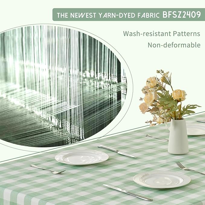 BALCONY & FALCON Rectangle Gingham Table Cloth – Water-Resistant Cotton Blend, Spill-Proof & Washable Checkered Tablecloth for Kitchen, Dining, Picnic, Party (Green White, 55x71 Inch)
