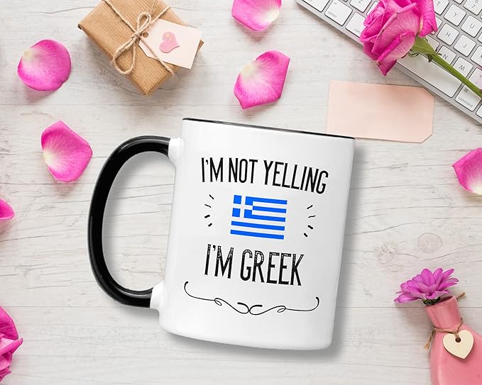 Casitika Funny Greek Souvenirs and Gifts. I'm Not Yelling I'm Greek11 oz Coffee Mug. Gift Idea for Men and Women From Greece Featuring the Country Flag. (Black Handle/Rim)
