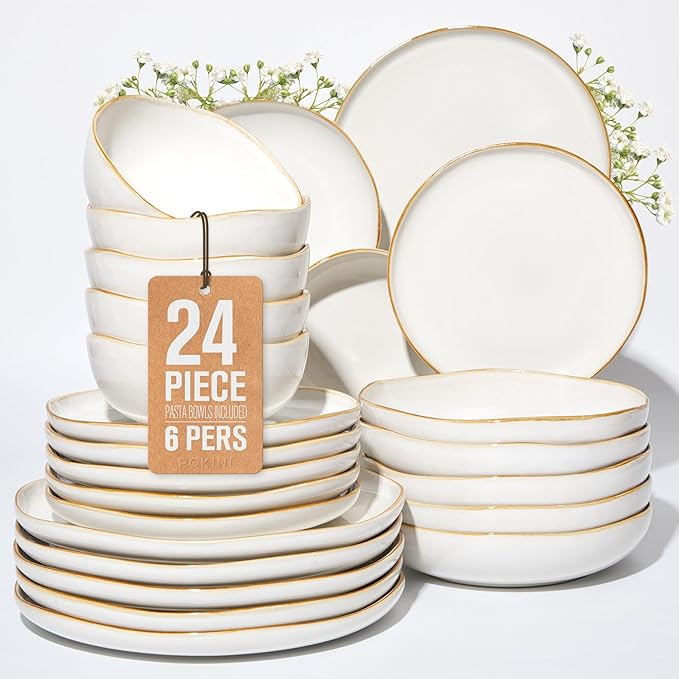 24 Pieces Dinnerware Set for 6 with Pasta Bowls, Complete Ceramic Dish Set, Stackable & Glossy Stoneware Plate and Bowl Set for Effortless Everyday Hosting, White