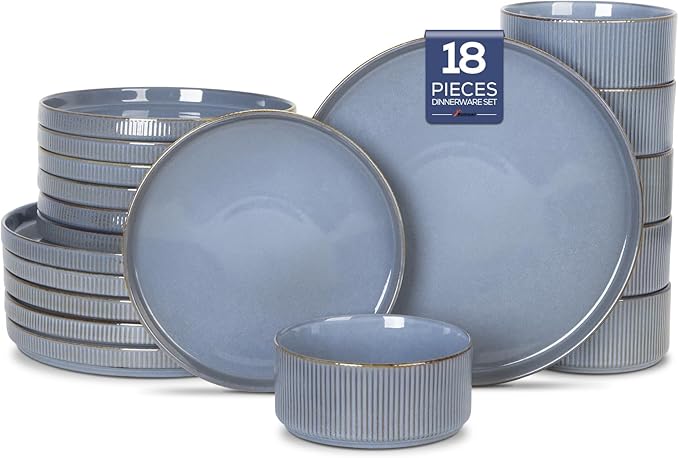 Romswi Stoneware Dinnerware Sets 18Pcs, Ceramic Plates and Bowls Set for 6, Chip & Scratch Resistant Ribbed Dish Set, Handmade Reactive Glaze, Oven, Microwave & Dishwasher Safe, Gray Blue