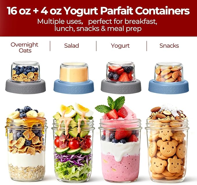 2 Pack Glass Yogurt Parfait Cups with Lids, 16+4oz Reusable Containers with Dry & Wet Separation, Leak-Proof for Overnight Oats, Meal Prep, Portable to Work & School, Easy Clean (Blue+Grey)