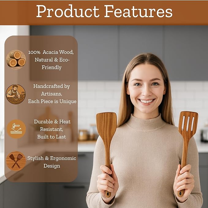 Mie Creations Acacia Wood Spatulas for Cooking, 6 Pcs Wooden Kitchen Cooking Utensils for Nonstick Pans & Cookware, Set of 6 Turner, Paddle, Slotted Spatula, Spoon, Fork, Sturdy Smooth Heat Resistant