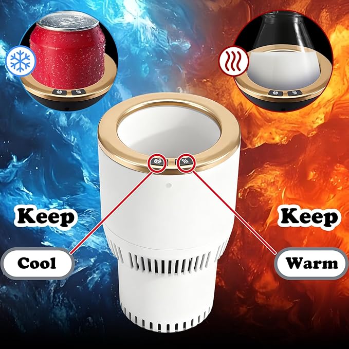 2-in-1 Car Cup Cooler Warmer Smart Temperature Control Travel Coffee Car Cup Holder, Smart Car Tumbler Holder Suitable for Coffee, Baby Bottles, Water, Tea, Drinks (White and Gold)