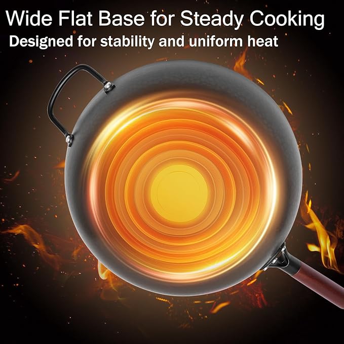WANGYUANJI Carbon Steel Wok with Lid, 13.4" Hand Hammered Stir Fry Pan with Detachable Wooden Handle, Flat Bottom Wok Pan for Electric, Induction & Gas Stoves, No Coating (Black)