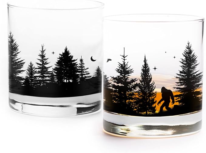 Black Lantern Whiskey Glasses - Unique Themed Cocktail & Everyday Use Drinking Glasses, Perfect for Outdoor Enthusiasts & Nature Lovers - (One 11oz. Glass) (Bigfoot in the Forest)