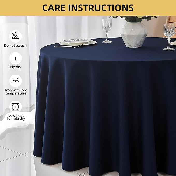 2-Pack Round 120-inch Navy Blue Table Cloths, Solid Stain and Wrinkle Resistant Circular Tablecloth, Premium Plain Weave Polyester Fabric Table Linen Covers for Hotel, Banquet