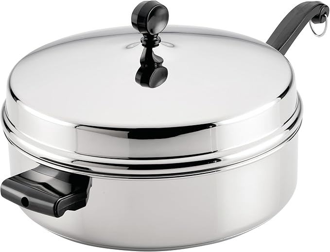 Farberware Classic Series Anniversary Edition Stainless Steel Sauté Pan and Lid with Helper Handle, Induction Suitable, 6 Quart Jumbo Cooker, Metal Utensil Safe - Stainless Steel