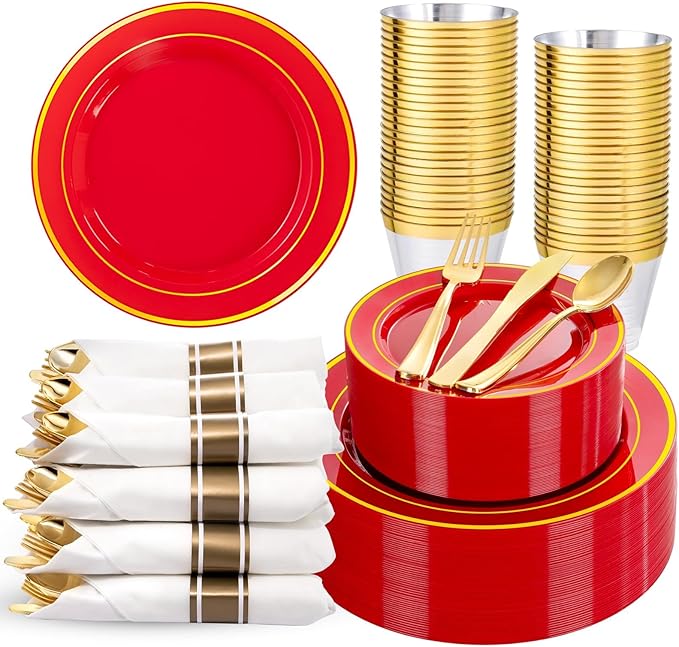 350Pieces Red Plastic Plates with Gold Rim Include 50Dinner Plate 10”, 50Dessert Plate 7”, 50 gold Cups 9 OZ, 50 Pre Rolled Napkins for Party Valentine's Day