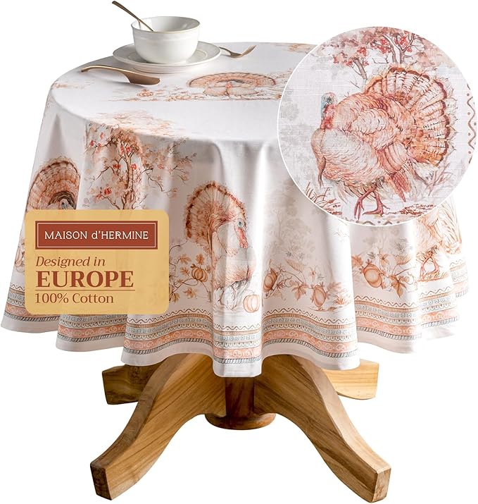 Maison d' Hermine Table Cloth Round Table 100% Cotton 63 Inches Fall Tablecloth Reusable Everyday Use for Thanksgiving Christmas Decorations Dining Farmhouse Party (Giving Thanks)