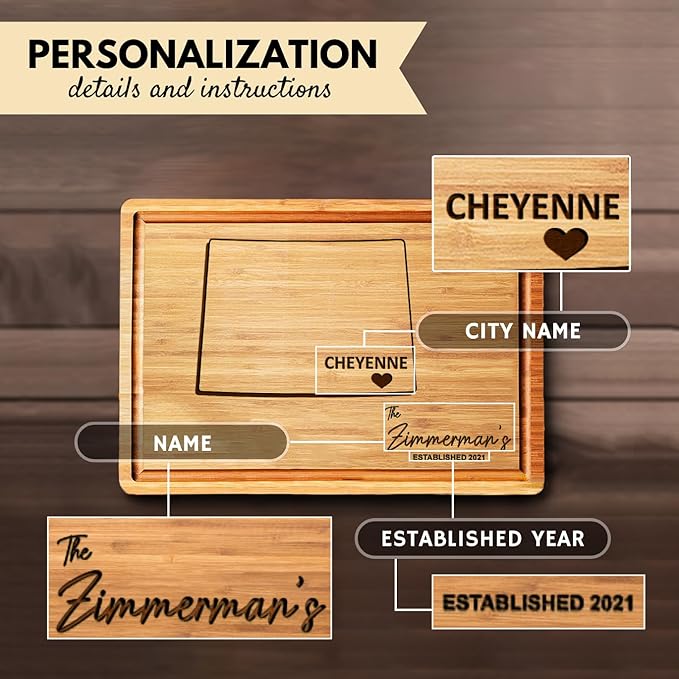 Destination Cutting Board Personalized Map of Wyoming, Bamboo Gifts for Family Far Away, Wooden States Gifts for Host Family, State Shaped Gifts