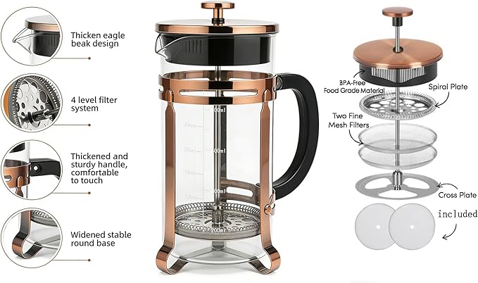 Coffee Maker304 Stainless Steel French Press with 4 Filter, Heat Resistant Durable, Borosilicate Glass Coffee Press, 100% BPA Teapot, 21 ounce, copper