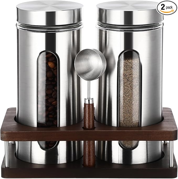 Suclain Stainless Steel Coffee Grounds Canisters with Shelf 2 x 50oz Sugar Coffee Bean Storage Container with Airtight Threaded Lid Glass Window Scoop Kitchen Jar Set for Bar Creamer Nut Tea