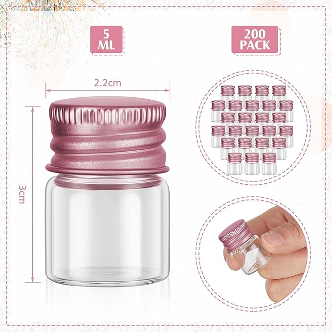 Tessco for you 200 Pcs 5 ml Mini Glass Bottles with Aluminum Cap Tiny Jars Mini Glass Jars Small Clear Vials with Screw Caps Tiny Containers for DIY Craft Storage (Rose Gold)