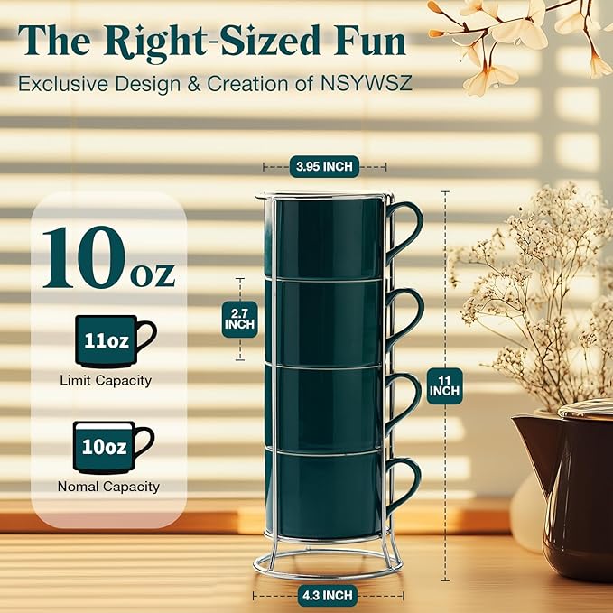 10 Ounce Green Porcelain Stackable Cappuccino Cups with Stainless Steel Holder, Set of 4, Durable Ceramic, Perfect for Home, Office or Gift