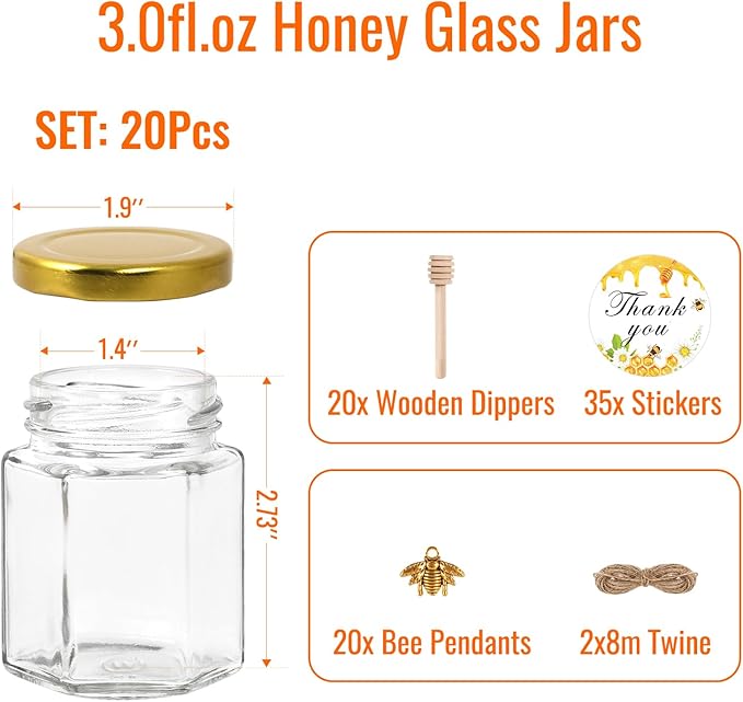 BIGIVACA 3 oz Mini Honey Jars - 20 Pack Hexagon Glass Jars with Wood Dippers, Gold Lids, Bee Pendants, Jutes, Stickers for Wedding Favors, Party Favors, Candle Making