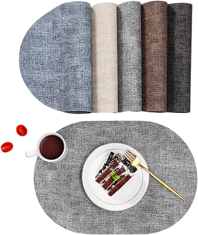 Non-Slip Kitchen Oval Table Placemats Set of 1/4 Faux Leather Dining PU Table Mats Pad Cup Wine Mat Set De Table Decor(Vin Cream,44x30cm 4pcs)