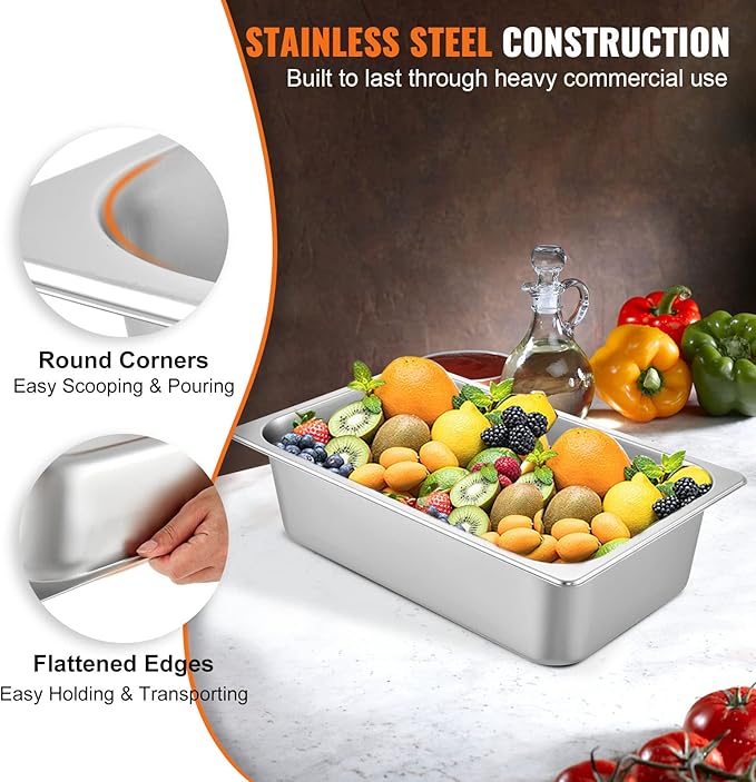 VEVOR 6 Pack Hotel Pans, Full Size 6-Inch, Stainless Steel Steam Table Pans，Anti-Jam Catering Trays for Steam Tables, for Home, Party, Restaurant, Hotel, Buffet