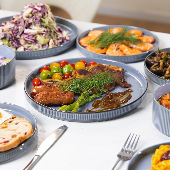 Romswi Stoneware Dinnerware Sets 18Pcs, Ceramic Plates and Bowls Set for 6, Chip & Scratch Resistant Ribbed Dish Set, Handmade Reactive Glaze, Oven, Microwave & Dishwasher Safe, Gray Blue
