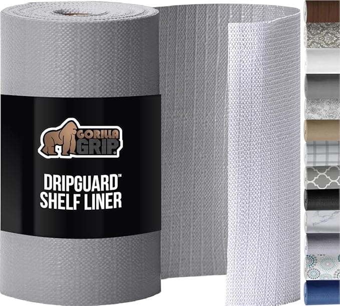 GORILLA GRIP DripGuard Shelf Liner, Non Adhesive Drawer and Kitchen Cabinet Protector, Slip Resistant BPA Free Smooth Surface Plastic Liners for Cabinets, Bathrooms, Closets, 17.5x120 Inch, Gray