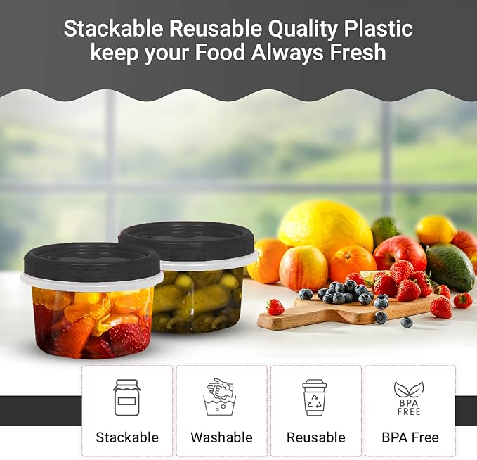 [Black - 12 Pk] Airtight Deli Containers with Lids Twist Lock Top Clear Food Storage for Meal Prep Snacks and Leftovers Freezer and Microwave Safe Stackable Leak-Resistant and 12 Pc. Set (16 Ounce)