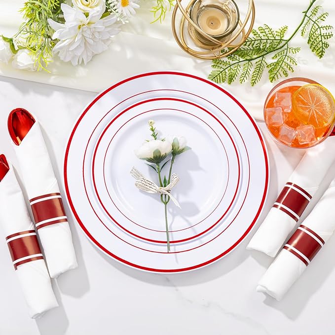 WELLIFE 350 Pcs Red Plastic Plates for 50 Guests - Plastic Dinnerware Set,Valentines Party Supplies Includes 100 Red Plates,150 Silverware,50 Napkins,50 Cups, Valentines Plates