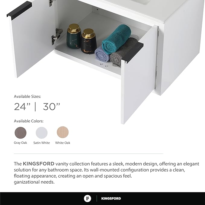 Fine Fixtures Kingsford Modern 30 Inch Bathroom Vanity with Sink, White Finish, Elegant Bathroom Vanities for Modern Homes, Stylish Storage Solutions for Bathrooms