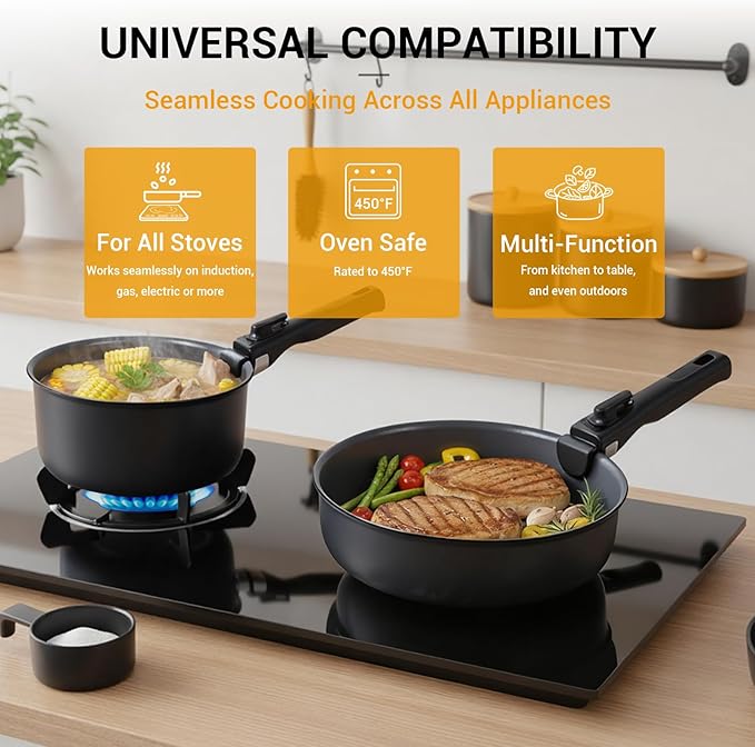 Ammeloo 18 Pcs Ceramic Pots and Pans Set Non Stick Kitchen Cookware Set with Detachable Handle, Non Toxic Cooking Set with Removable Handle for RVs, Camping, Fridge, Dishwasher/Oven Safe, Black