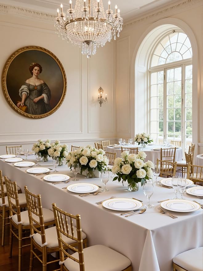 WDF 175PCS White and Gold Plastic Plates - Gold Plates Disposable - 25 Guest Gold Disposable Dinnerware Sets Include 50 Plate, 25 Cutlery, 25 Napkins and 25 Cups for Party Wedding Valentine's Day