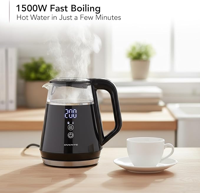OVENTE 1L Small Electric Kettle with 5 Temperature Preset, Digital Display, 5Hr Keep Warm, Auto Shut-Off, Double-Wall Cool Touch Exterior, Borosilicate Glass,1500W BPA Free Water Boiler, Black KD95B